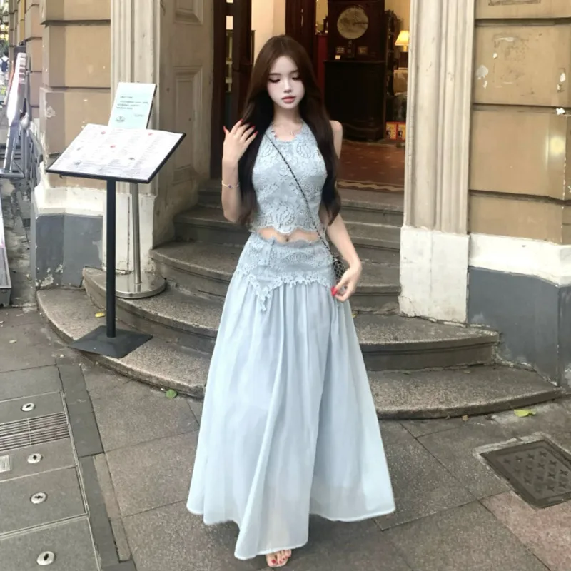 

High Quality Female Fashion Lace Vest Top + High Waist Long Skirt Sets Women French Summer Sweet Girl Lady Two Piece Outfits