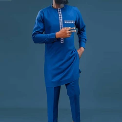 Kaftan Hommes Ensembles Vêtements Tenue Brodée Poche Haut À Manches sulf2 pcs Trempé Style Ethnique Africain Costumes Hommes M-4XL Traditionnels