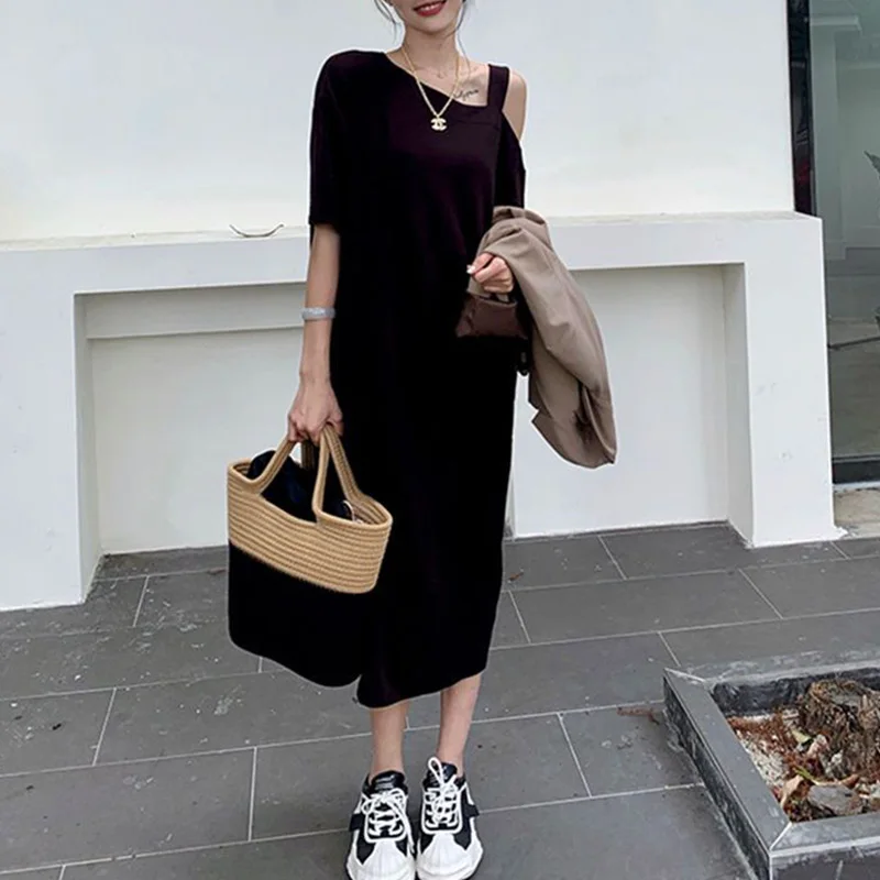 

Oversized Summer Simplicity Irregular Black O-neck Short Sleeve Tshirt Dress Ladies Korean Fashion Patchwork Loose Off Shoulder