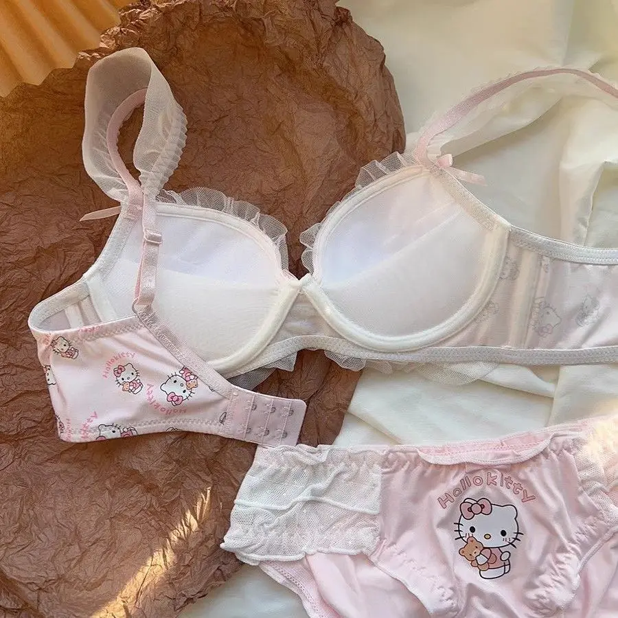 Hello Kitty Cute Japanese Girl Undergarments Unrimmed Bow Tie Small Breast Gathering Bra Set Female's Bra Breathable Gathered