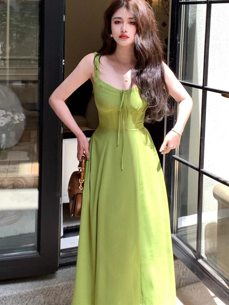 2024 Summer Elegant Women Sweet Party Midi Holiday Dresses Casual Female Lace Up Robe