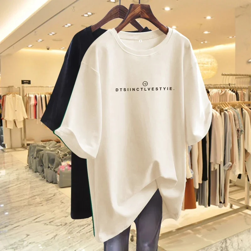 Female Tees O-neck Women Basic Letter T-shirt Summer Casual Pure Cotton Pullovers Top