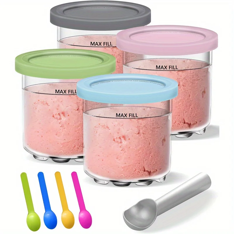 Creami Pints and Lids Replacement Set - 4 Pack, Compatible with NC301/NC300/NC299 Series, Dishwasher Safe, Leak-Proof, Includes