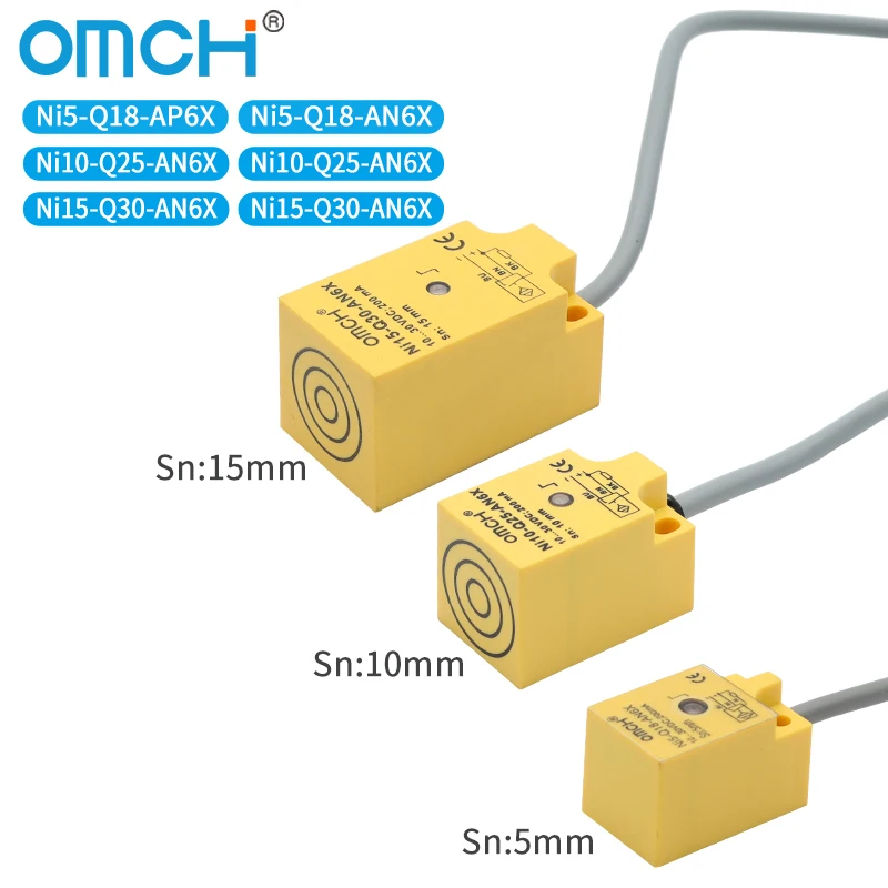 สวิตช์ตรวจจับวัตถุแบบเหนี่ยวนำ OMCH รุ่น Ni5-Q18 Ni10-Q25 Ni15-Q30-AP6X/AN6X ระยะตรวจจับ 5 มม. 10 มม. 15 มม. เซ็นเซอร์จำกัดระยะทางแบบเหนี่ยวนำสำหรับโลหะ