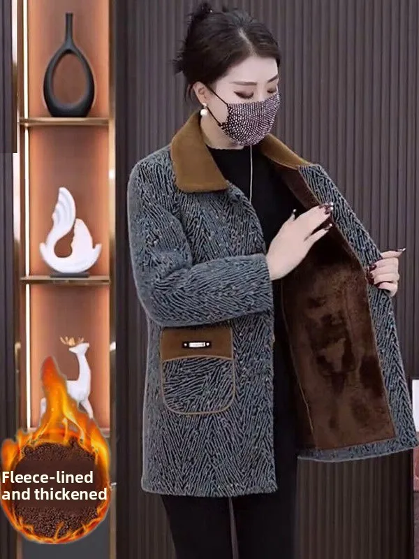 

Thickened Fleece Warmth Autumn Winter New Style Fashionable Square Collar Coat for Middle-Aged Mothers Korean Style Long Sleeve