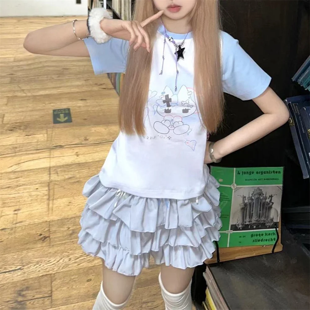 

Subculture Лоскутная футболка с короткими рукавами и принтом кота Y2k Летняя кавайная милая повседневная футболка Мягкая футболка для девочек Синий Черный Гранж Повседневные футболки