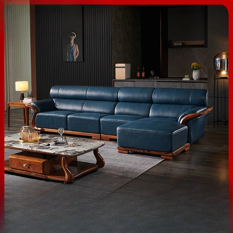 

New Chinese black gold wood top layer cowhide sofa living room leather solid wood L-shaped thick leather sofa corner