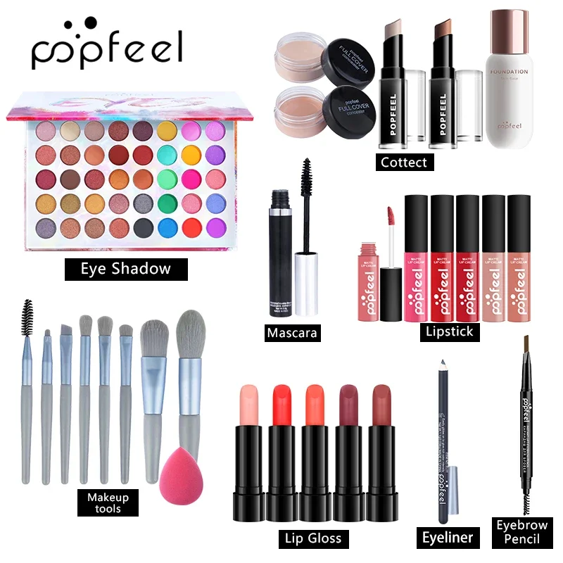 POPFEEL All In One Makeup Kit Cosmetics Set Eyeshadow Palette Concealer Foundation Makeup Brush Eyebrow Pencil Lipgloss Kit