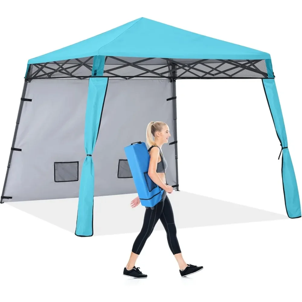 Compact Lightweight Backpack Canopy Sun Protection 8x8 Pop up Shelter Slant Leg Beach Tent with 1 Sidewall, 4 Extra Sandbags