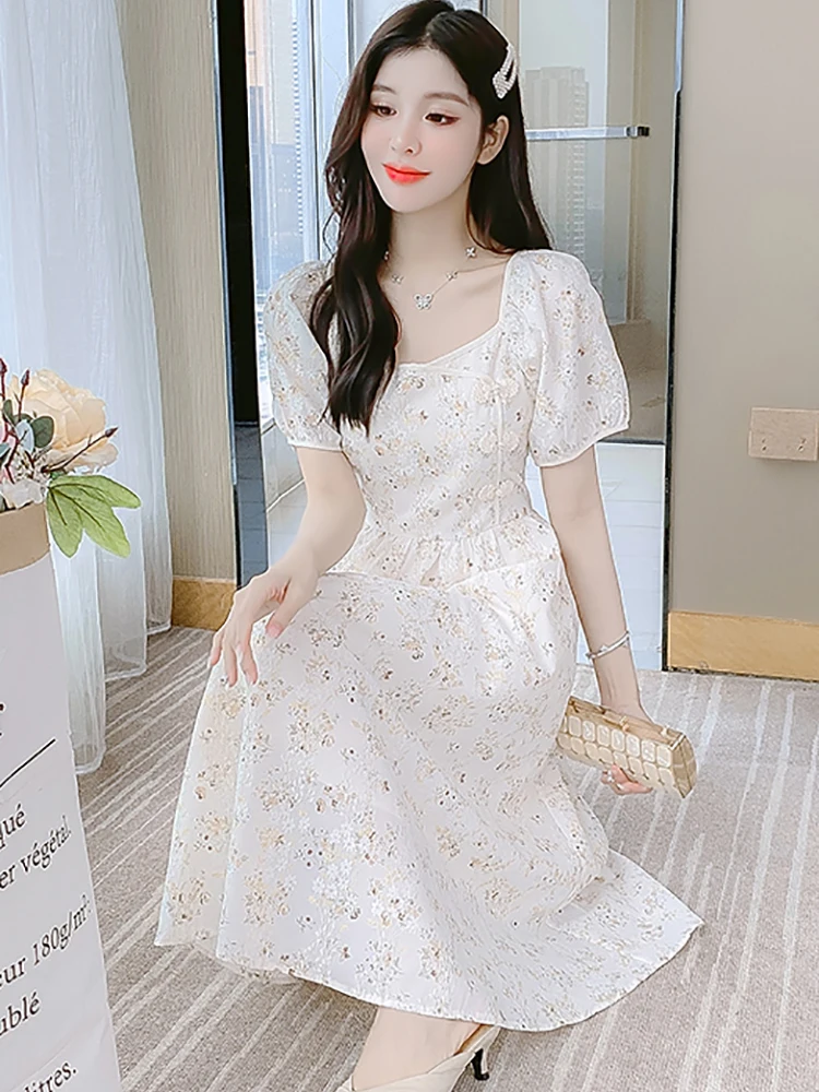 White Chiffon Jacquard Floral Square Collar Dress for Women 2026 Korean Fashion Bodycon Dress Summer Elegant Luxury Party Dress