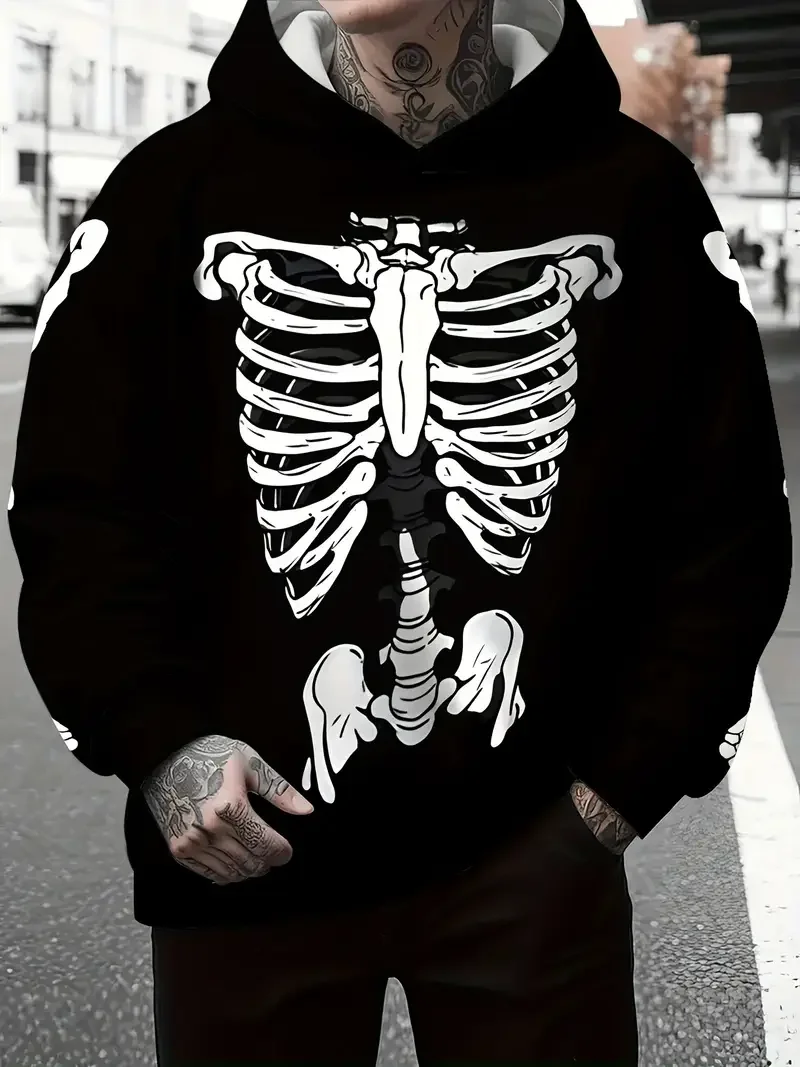 الهيكل العظمي نمط ثلاثية الأبعاد الطباعة هوديس للرجل البلوز مع الرباط تصميم الرجال البلوز ربيع الخريف Harajuku القمم هودي