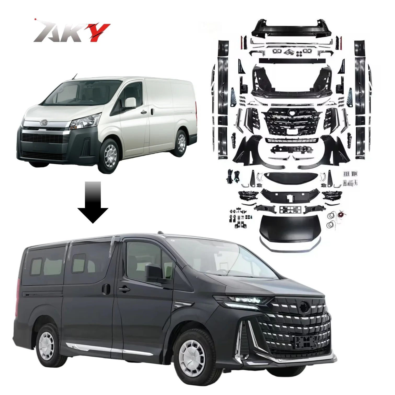

Комплект обвесов для Toyota Super Granace Premium Hiace 2019-2022, обновление до стиля Alphard 40 (2025), передний и задний бамперы, решетка радиатора, новинка