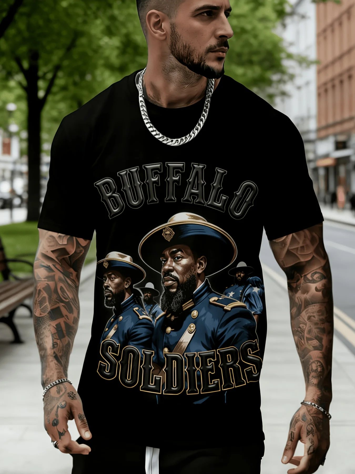 Men'S Casual Sports Short-Sleeve T-Shirt with Vintage Buffalo Soldier Graphic Print | Regular Fit, Polyester Fabric, Machine Was
