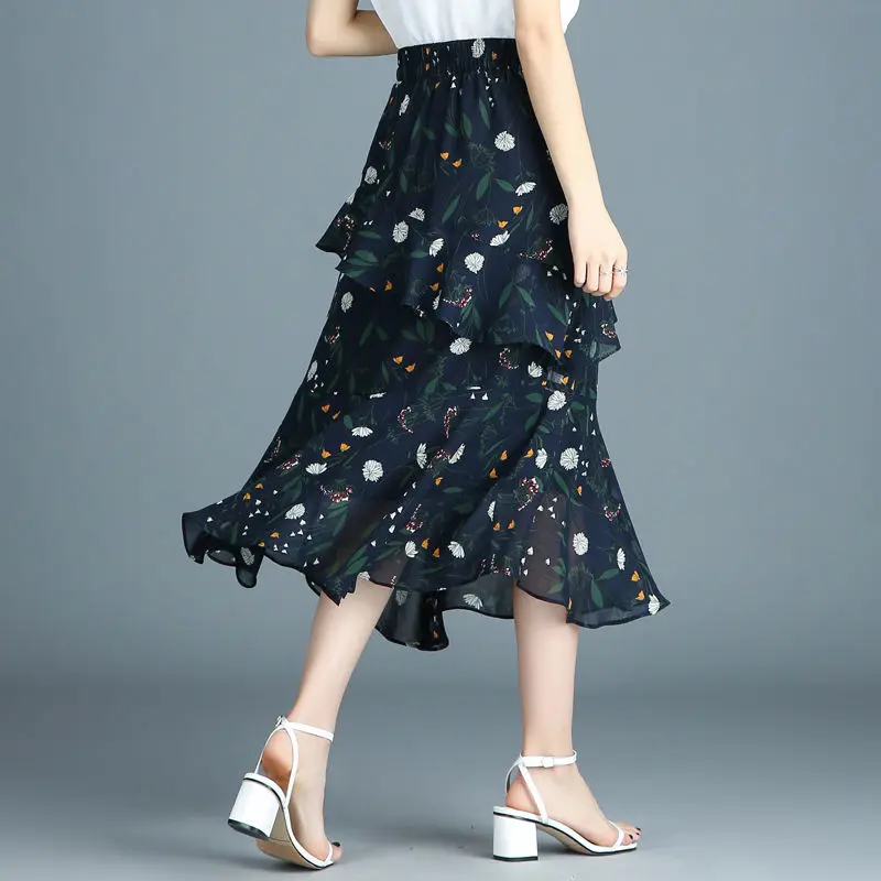 Elegant Vintage Women Floral Chiffon Midi Skirt Koreon Fashion New High Waist Y2k Irregular Ruffles Spring Summer Casual Skirts