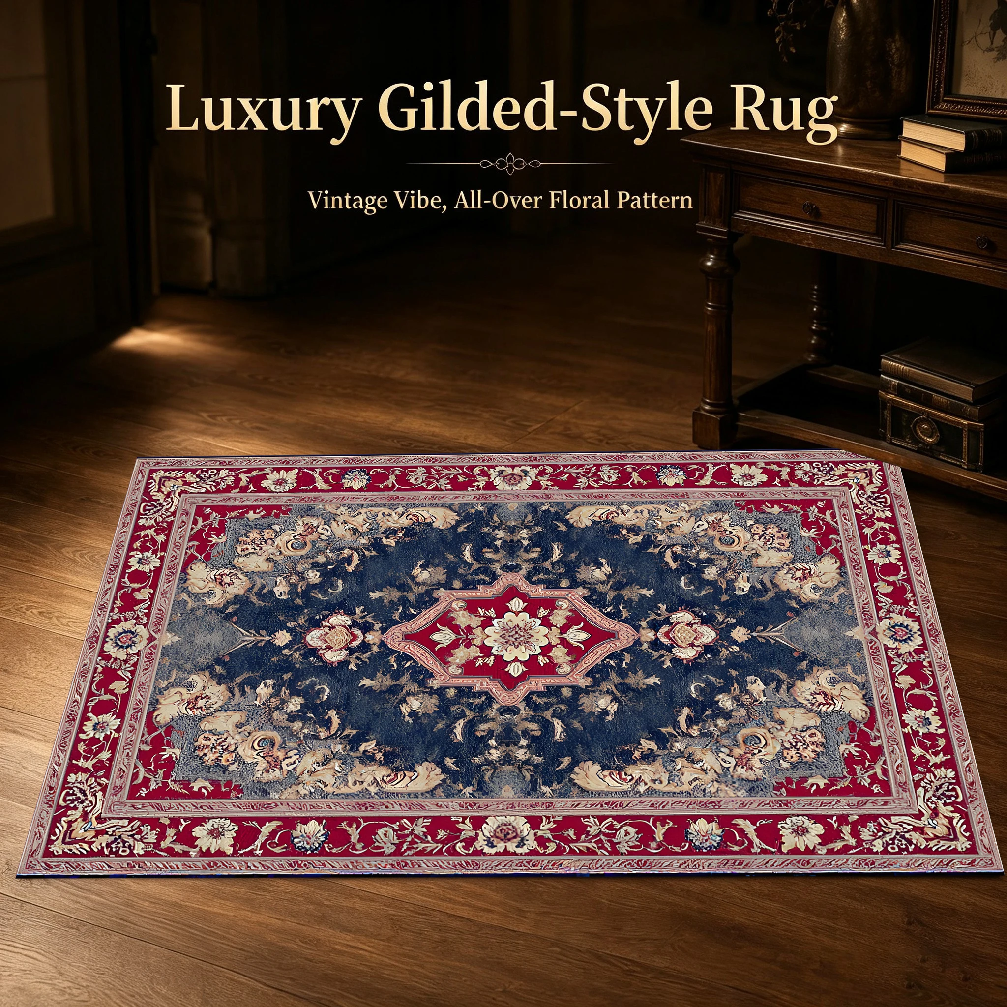 Retro-Chic Christmas Atmosphere with a Striking Red and Blue Persian Floral Pattern and a Velvet Rug, Perfect for the Living Room and Bedroom