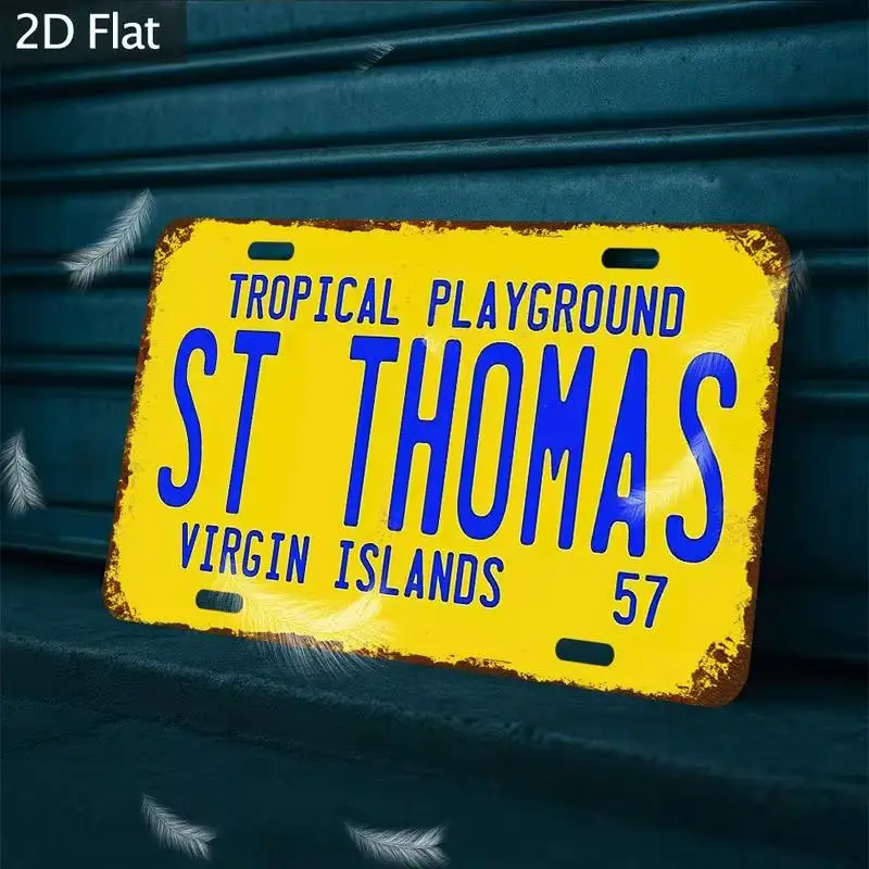 Letrero de aluminio plano 2D estilo matrícula retro rústica de las Islas Vírgenes de San Tomás, con diseño de parque tropical, para viajes al Caribe S