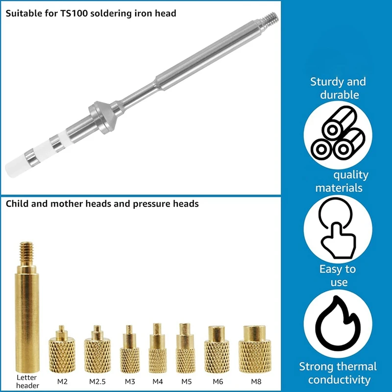 LUDA Heat Set Insert Tool M2/M3/M4/M5/M6/M7/M8 Heat Set Insert Tip Kit TS100 Brass Soldering Iron Tip Set