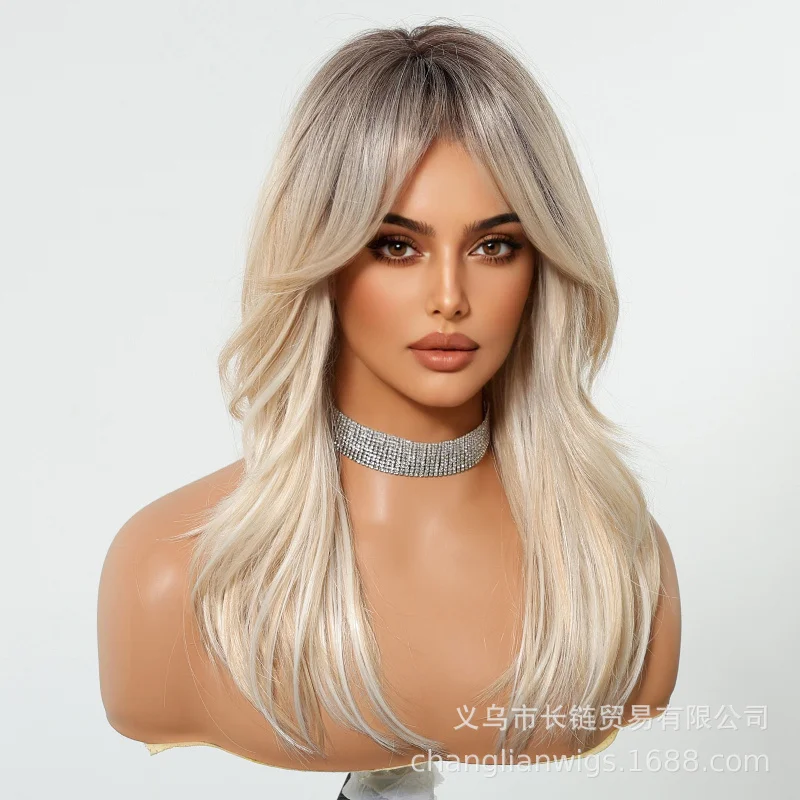 

Европейские и американские парики из синтетических волос черного цвета, новинка, окрашенные в золотистый оттенок, с волнистыми челками, градиентные прямые парики.