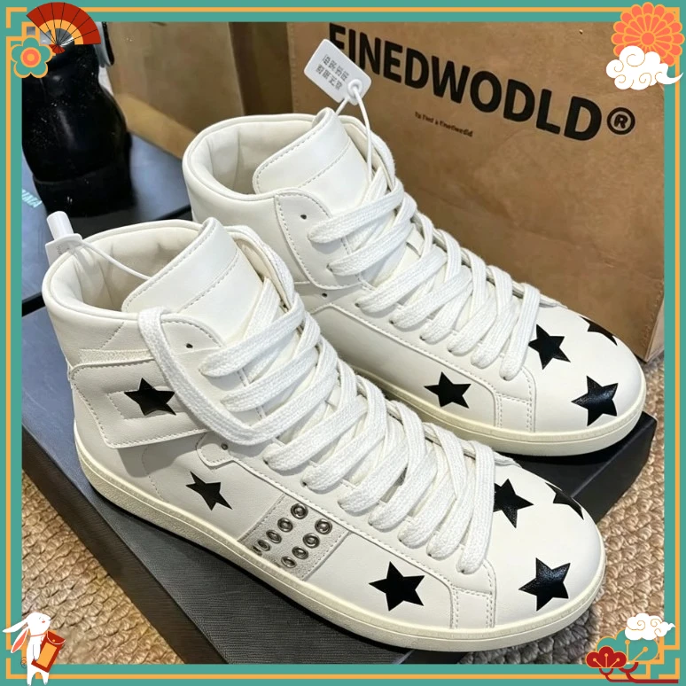 2026 New Real Shot Men's First-layer Cowhide Retro Rivets Casual Thin-soled High-top Sports Sneakers Shoes