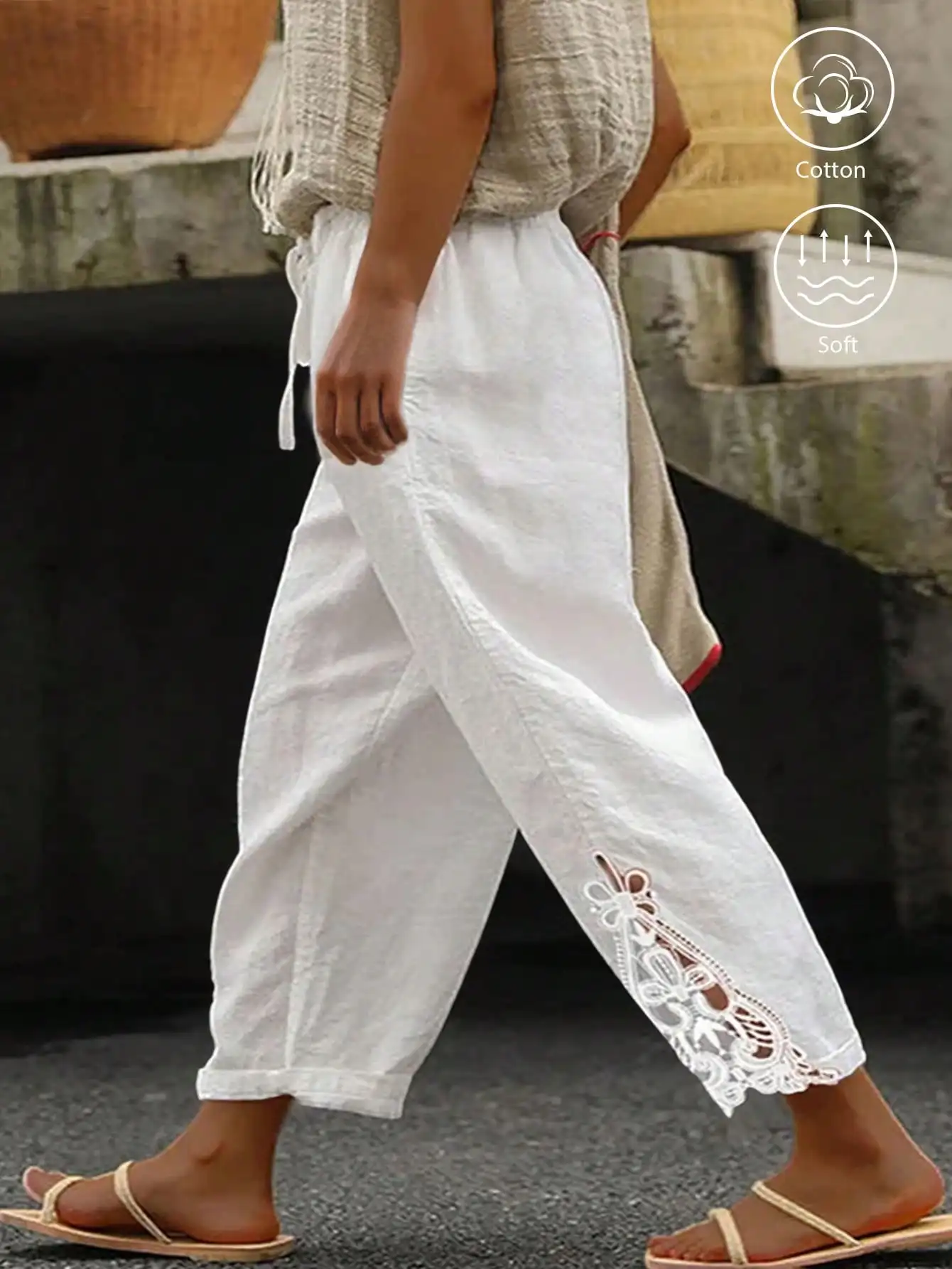 

Брюки женские больших размеров, белые, хлопковые, свободного кроя, с кружевной вышивкой, на резинке, в стиле кэжуал для отдыха