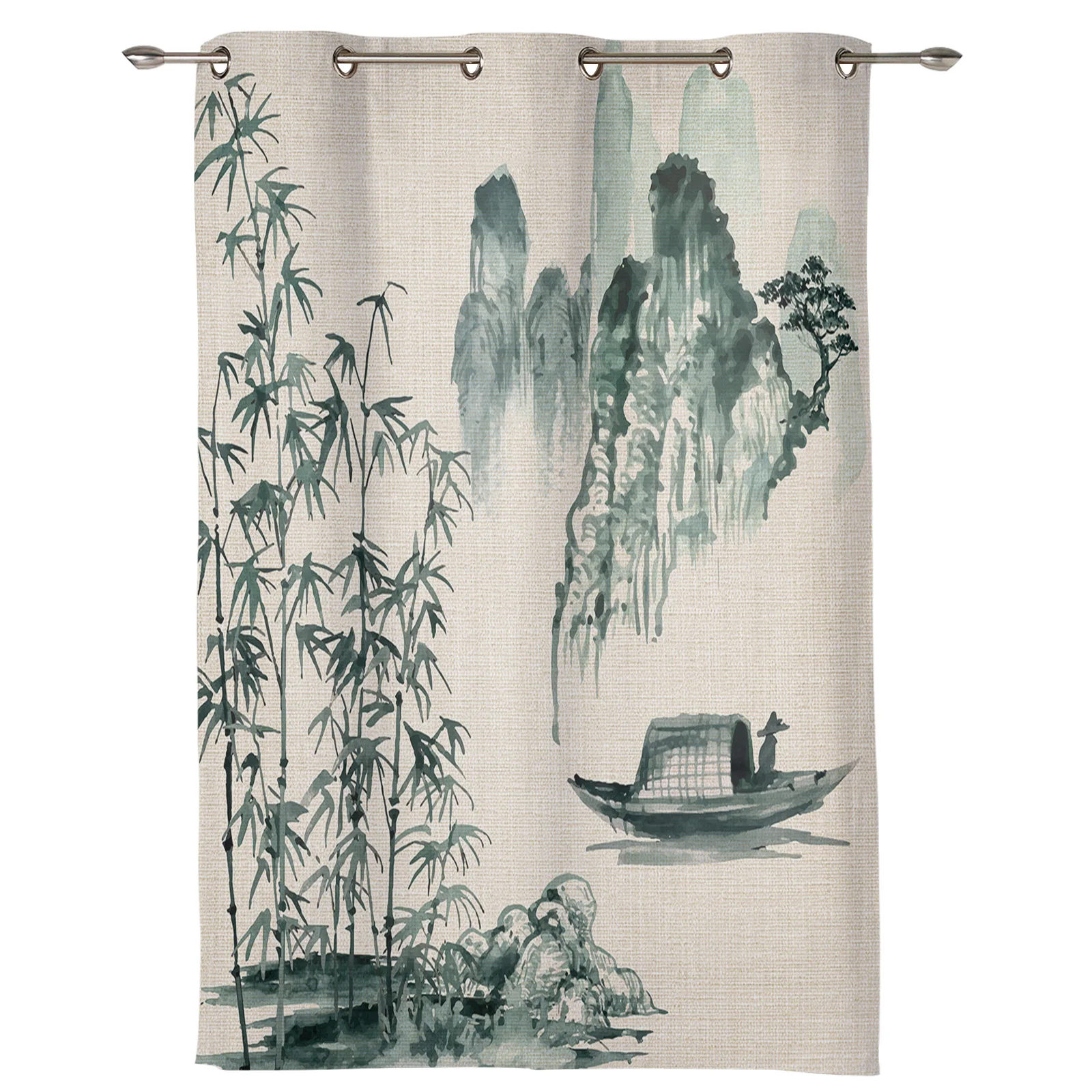 Chinese Painting Landscape Bamboo Boat Window Curtain Living Room Bedroom Valance Curtain Festival Home Kitchen Decor Curtain