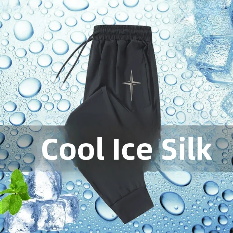 

High-End Ice Silk Men's Casual Pants Loose Cuffed Elastic Thin Summer Quick Dry Sports Trousers Youthful Vitality Style Nylon
