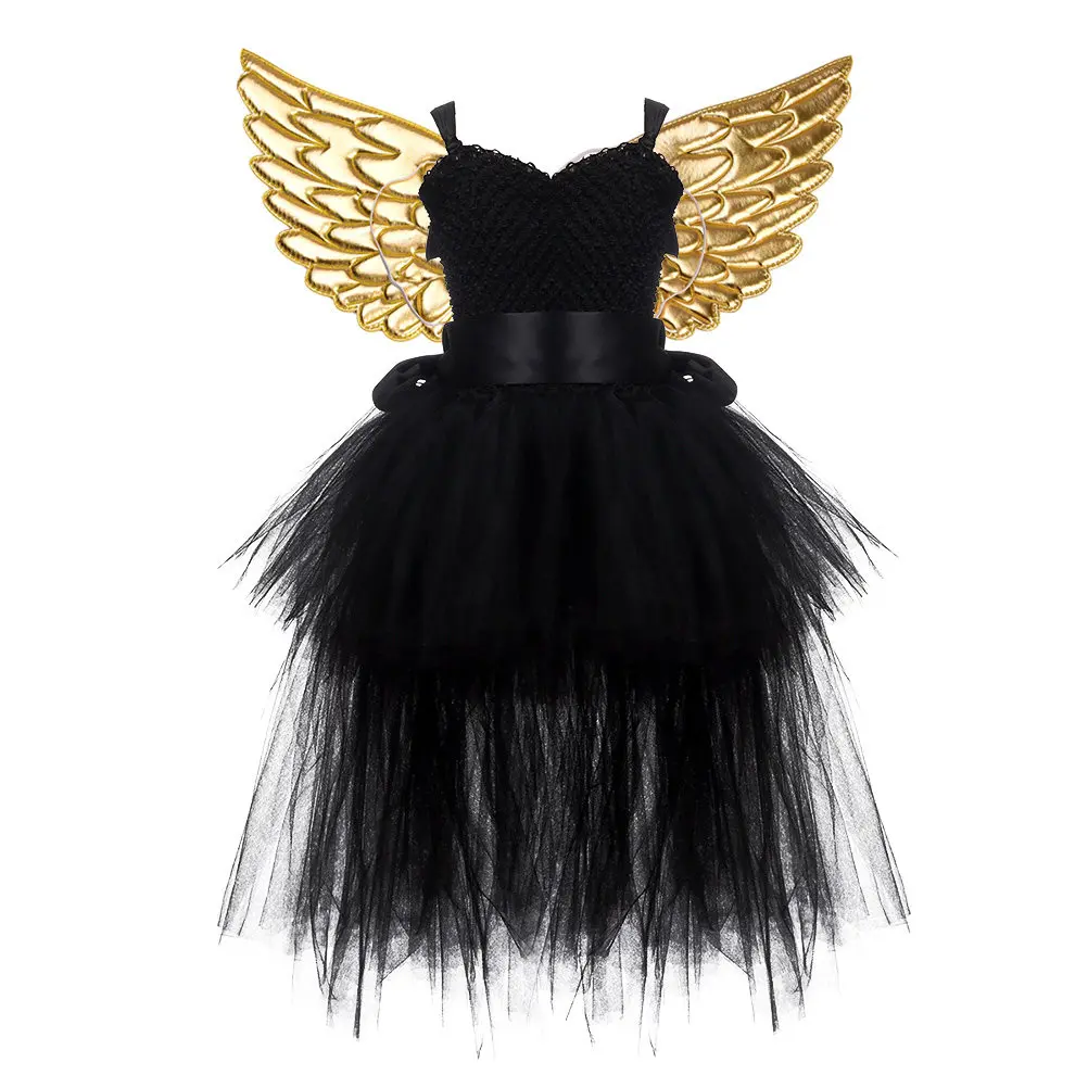 

1Set Halloween Tutu Dress Set Golden Fairy Wings Sleeveless Mesh Dress for Girls Party Cosplay Birthday Costume Black Size 2