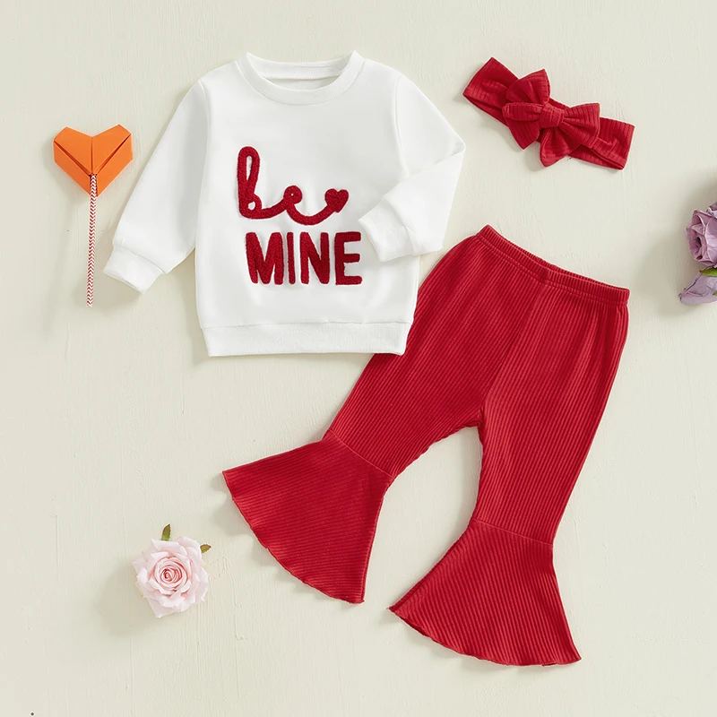 

Baby Girls Valentines Day Clothes Fall Outfits for Toddlers Long Sleeve Embroidery Letters Sweatshirt with Flare Pants Headband