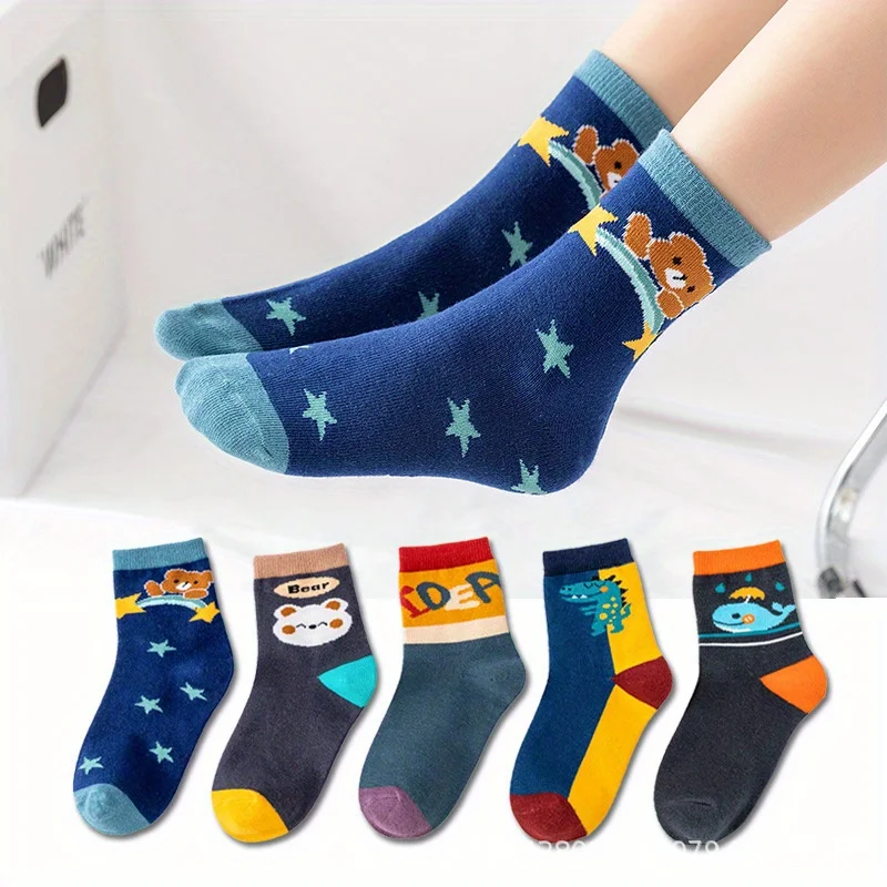 5 Pairs Kids Boys Socks Cartoon Bear Dinosaur Whale Print Soft Cotton Mid‑Calf Breathable Children Casual Socks