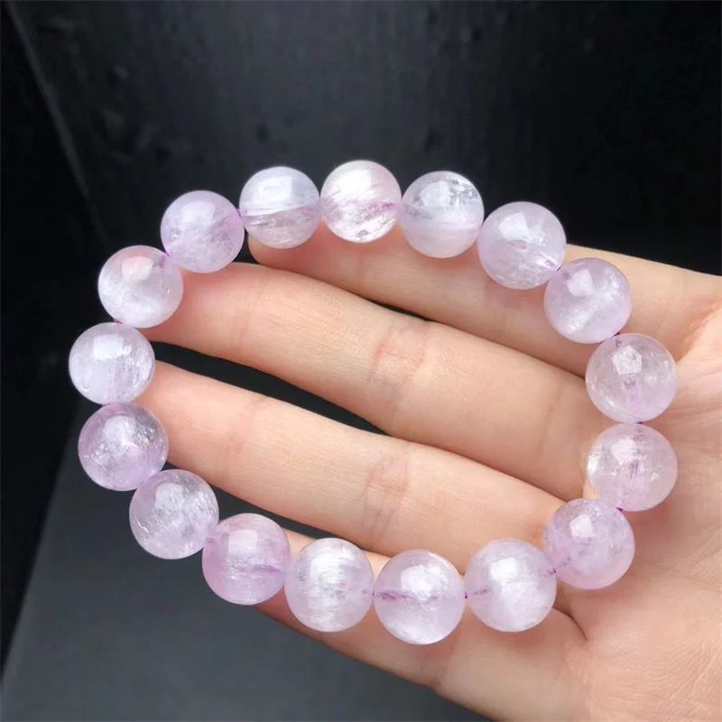 12MM Natural Kunzite Bracelets Handmade Reiki Healing Meditation Bangles Elastic Rope Stone FengShui Couple Jewelry