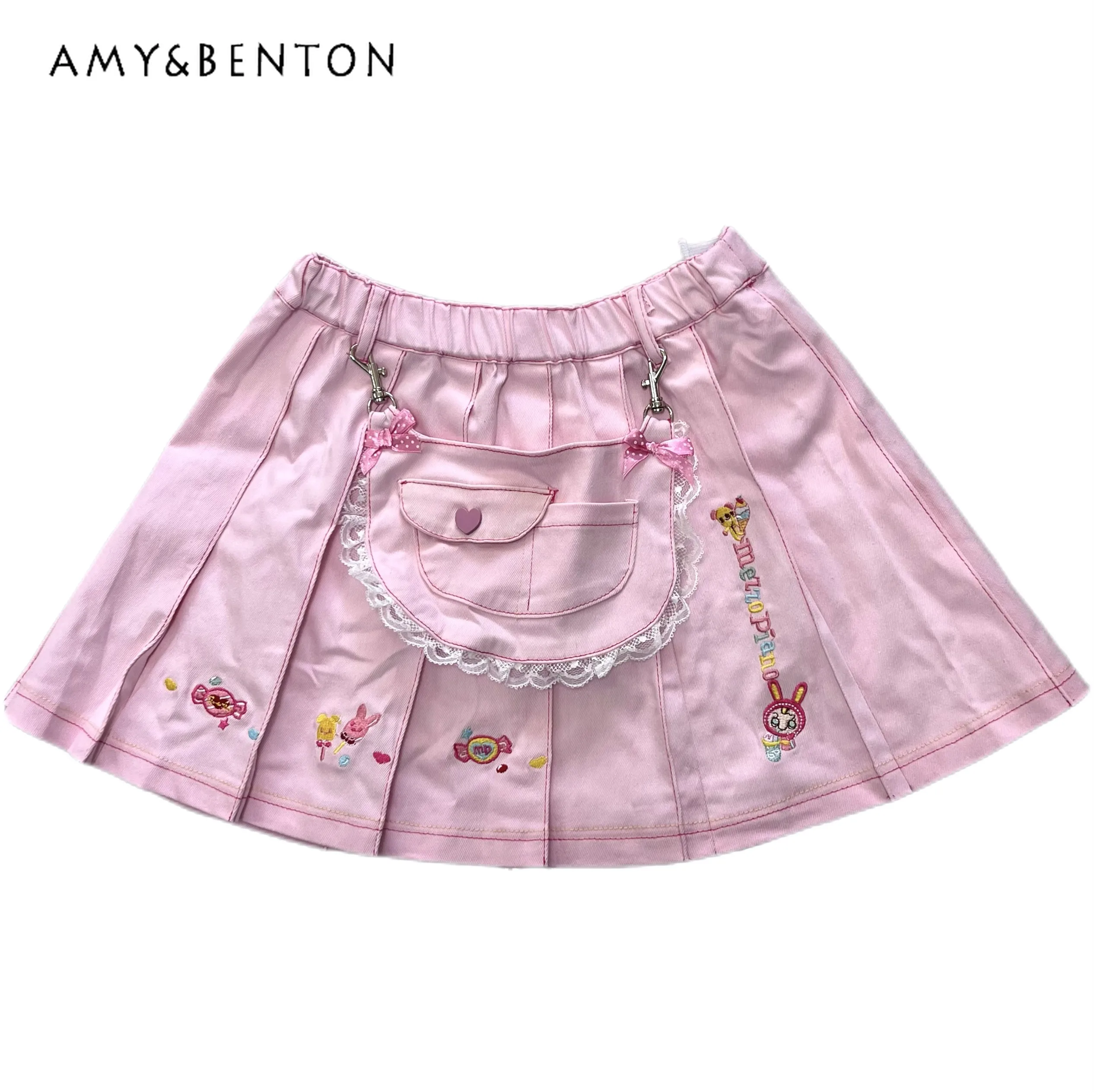 

Новая летняя мягкая юбка в японском стиле для девочек с милой мультяшной вышивкой, розовая короткая свободная универсальная повседневная плиссированная юбка с высокой талией