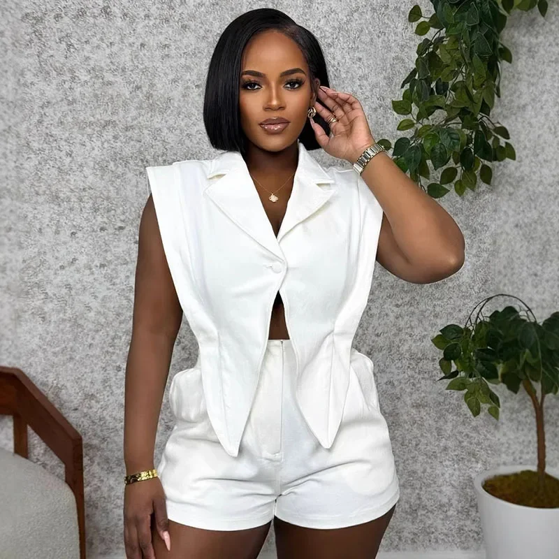 

Solid Casual Short Sets Woman 2 Piece Set Outfit Streetwear Sleeveless Single Button Irregular Top and Shorts Matching Sets Y2K
