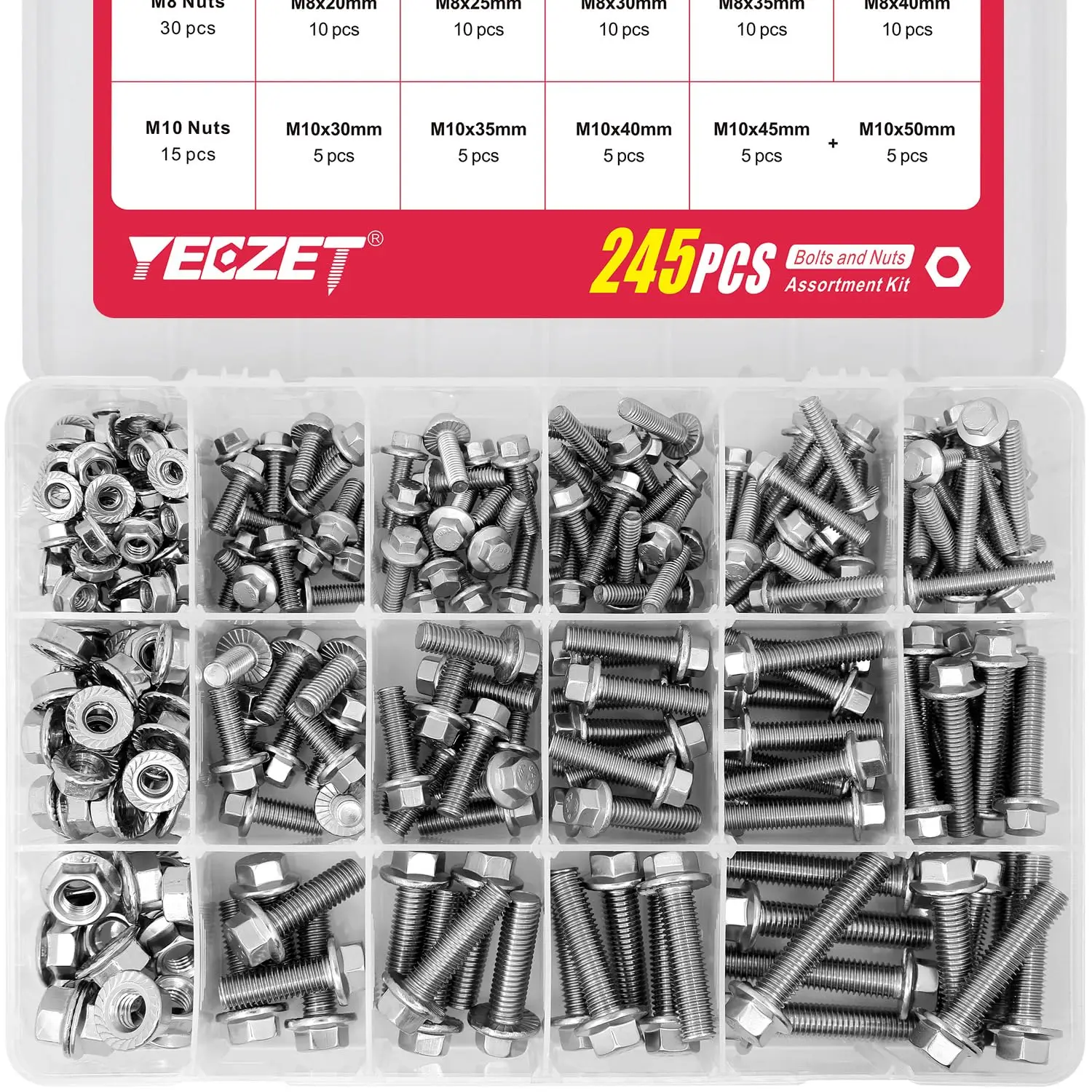 M6 M8 M10 Heavy Duty Flanged Bolts and Nuts Kit,Stainless Steel 304 Metric Flanged Hex Screws Nuts Includes 15 Most Common Sizes