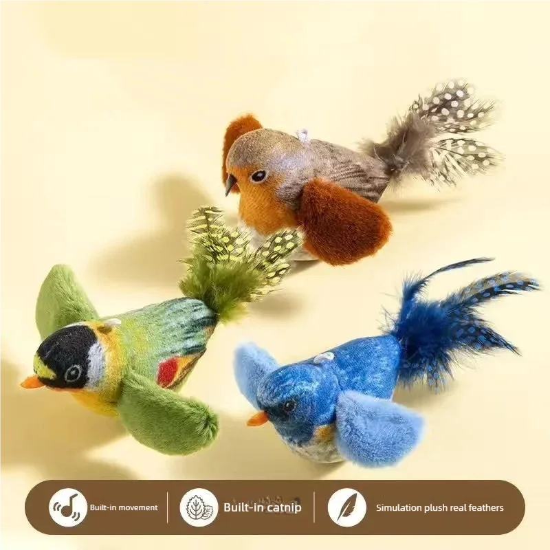 Brinquedo Interativo para Gatos: Pássaros Elétricos com Som para Perseguição e Brincadeira, Brinquedos de Pelúcia para Gatos Morderem e Roerem, Acessórios para Gatos