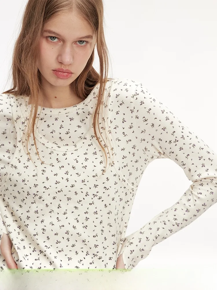 

Floral Print Long Sleeve round Neck T-Shirt Base Layer Spring Fashion New Style Versatile DNT Korean Fire Fire Girl's Top