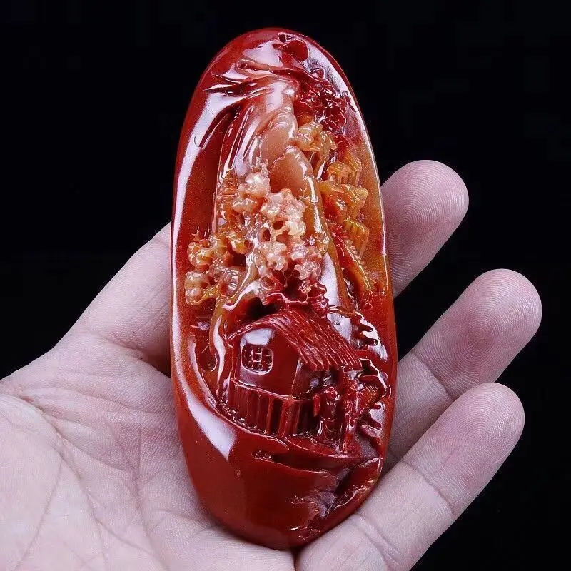 Chinese Antique Huanglong Jade Carved Landscape Waist Tag Statue