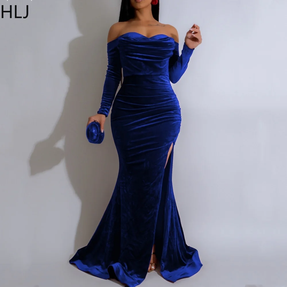 

HLJ Fashion Velvet High Slit Off Shoulder Evening Party Long Dress Women Long Sleeve Bodycon Vestidos Lady Ruched Solid Clothing