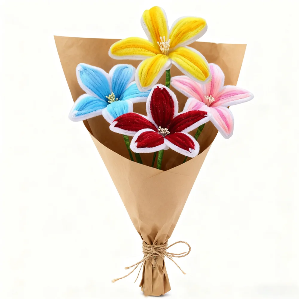 5Pcs Lily DIY Artificial Flower Chenille Stem Fluffy Wire Pipe Cleaners Twist Stick Children Educational Toys Creative Handcraft