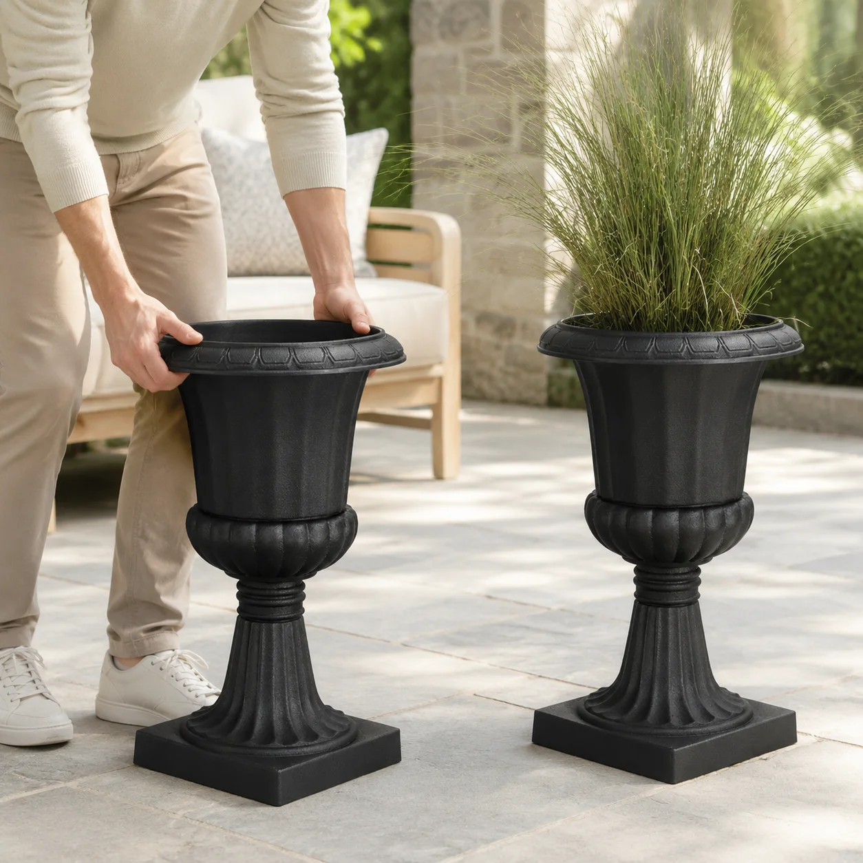 Set of 2 Black Plastic Urn Planters 9.8 X 16.5 Inch Classic Flower Pots Indoor Outdoor Decor for Home Garden Balcony Patio Wedding Events