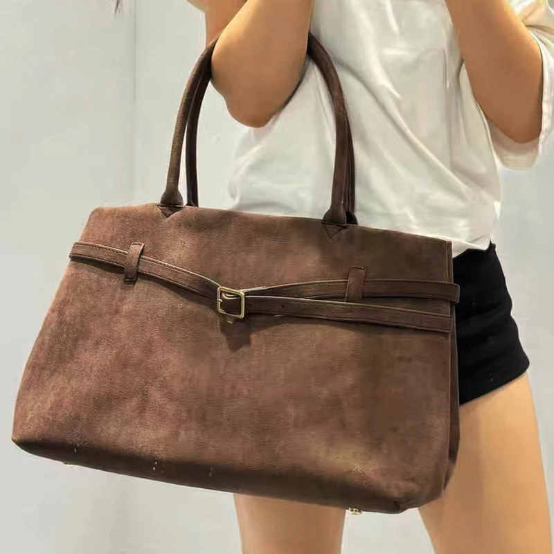 

Faux Suede Tote Bags For Women Luxury Designer Handbags Purses 2024 New In Vintage Belt Buckle Large Capacity Underarm Shoulder