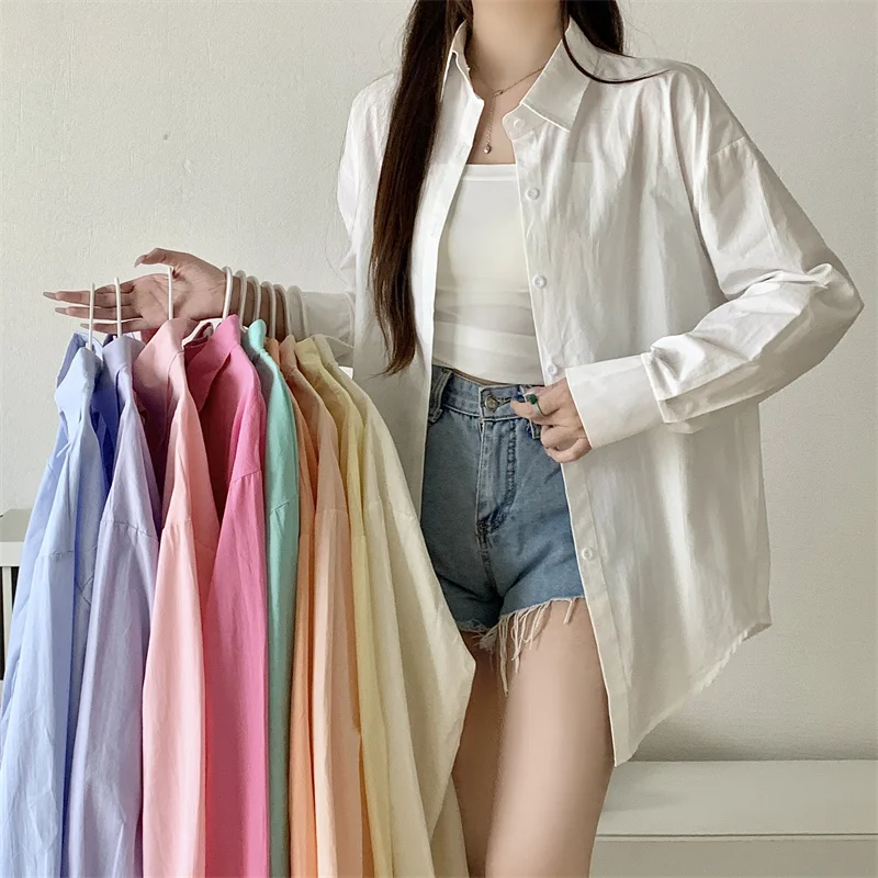 Basic Shirt for Women Long Sleeve Button Down Collared Loose-fit Plain Parisian White Shirt Spring Summer Chic Tops Outfit