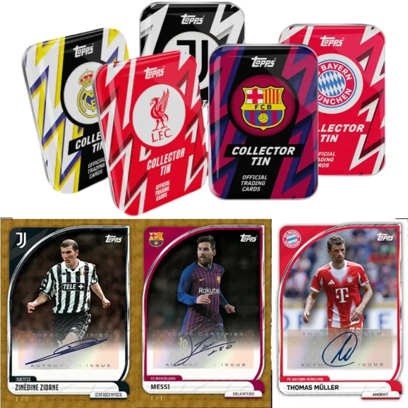 

2025-26 Genuine Topps Juventus Barcelona Bayern Liverpool Real Madrid Football Tin Box Collection Cards