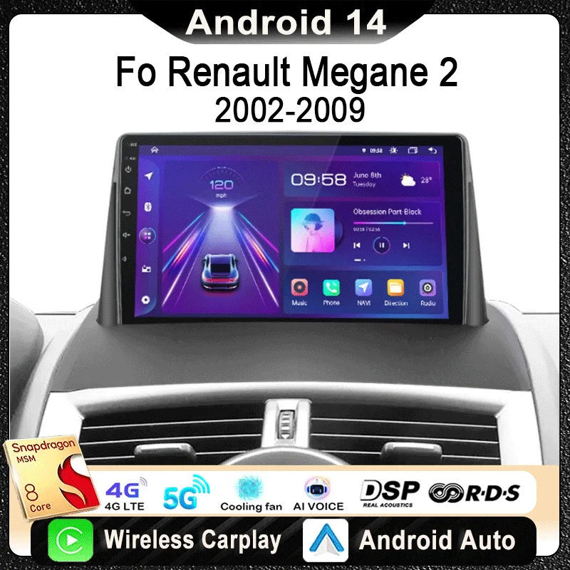 

For Renault Megane 2 2002 - 2009 Car Radio Multimedia Video Player Navigation Stereo GPS Android 14 wireless Carplay DSP WIFI