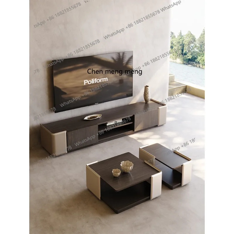 

modern solid wood coffee table light luxury saddle leather tea table minimalist living room tea table TV cabinet combination