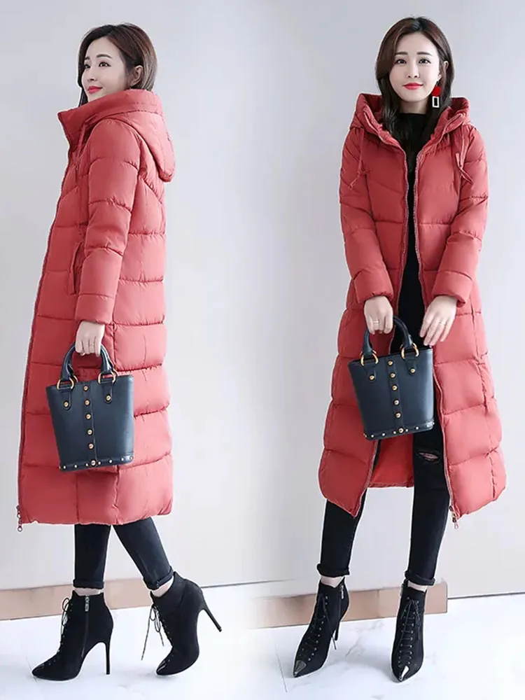 Imagem -05 - Parkas Longas Magras com Capuz Extragrande Cabolsa Acolchoado Sobretudo Acolchoado Casual Monocromático Espesso Quente Roupa de Neve Zíper Inverno