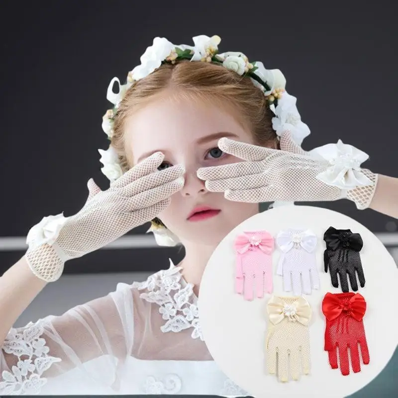Wedding Gloves For Brides Pearl Decorated Netting Stage Performance Princess Style Photography Studio White Finger Separated