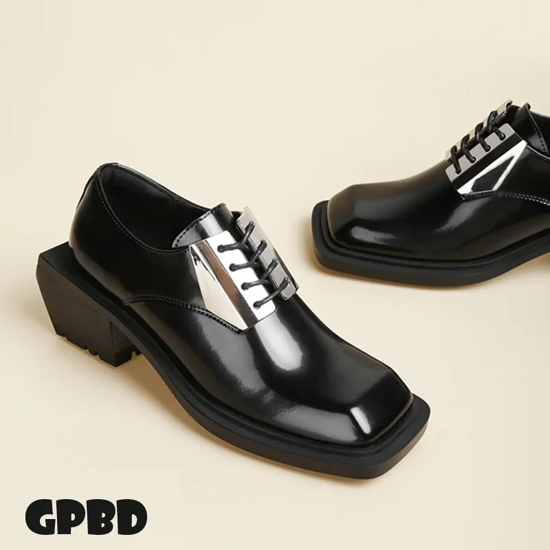 

GPBD Trend Men's Design Sense Metal Decorative Derby Shoes 2025 New Spring Square Head Small Leather Shoes High Quality