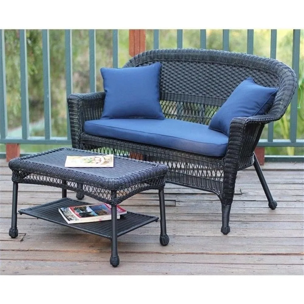 Patio Love Seat and Coffee Table Set with Blue Cushion, Black