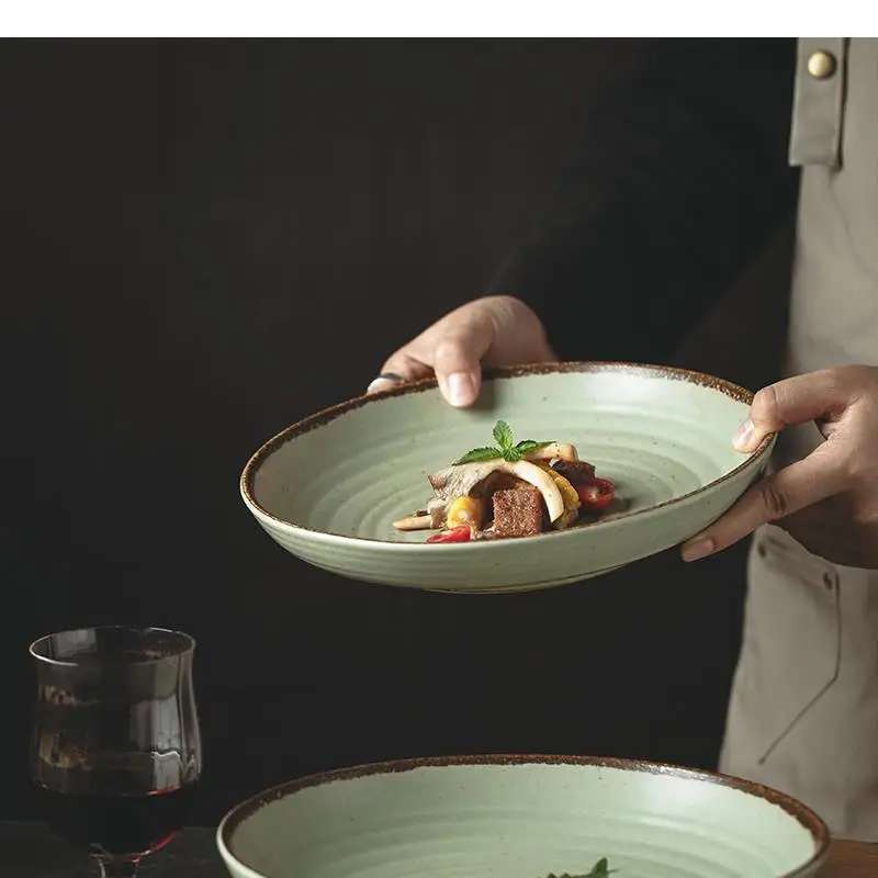 Round Ceramic Pasta Ramen Plates Sushi Steak Dish Hotel Restaurant Tableware Vegetable Salad Plate Snack Dessert Dishes