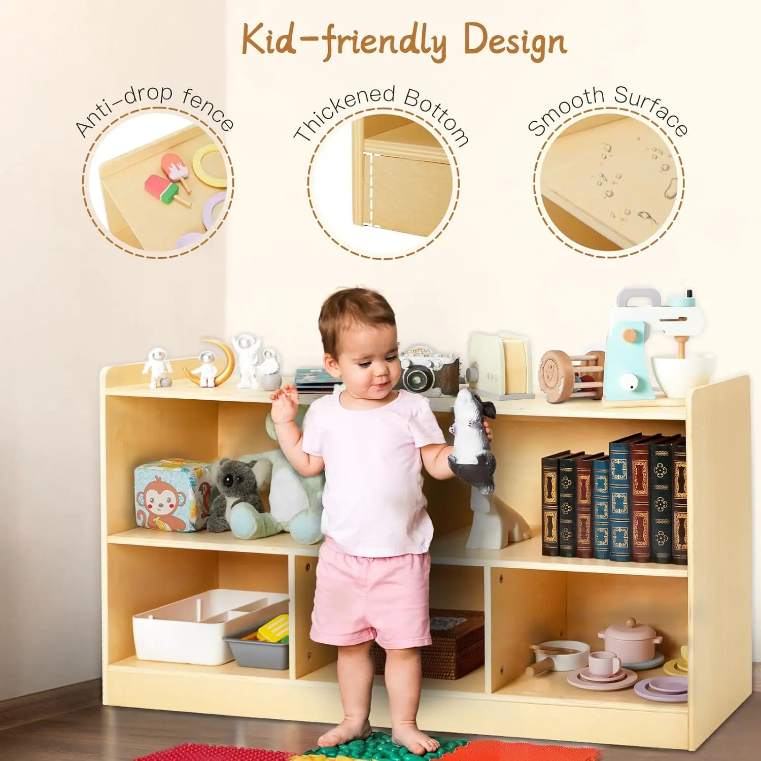 منظم تخزين الألعاب الخشبية من مونتيسوري، خزانة كتب ذات رفين مع 5 أقسام لغرف الأطفال وغرفة اللعب والحضانة